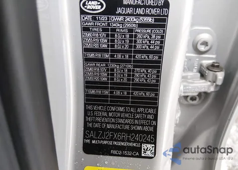 2024 Land Rover Range Rover Evoque Core S z USA, uszkodzony, nr VIN SALZJ2FX6RH240245